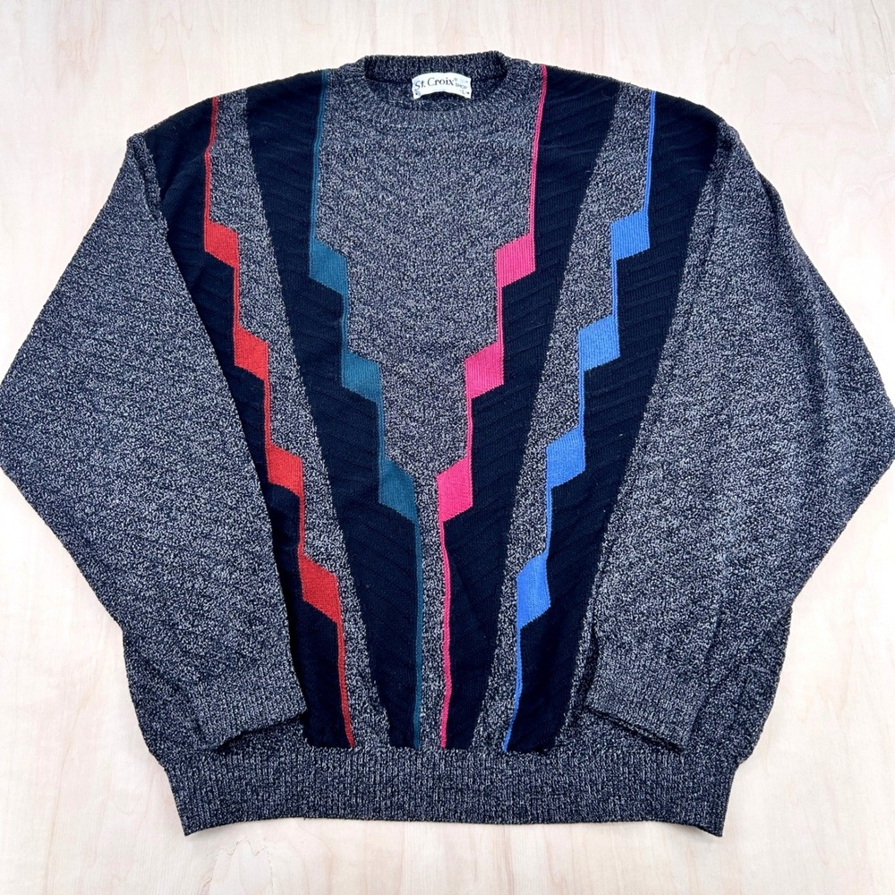 Vintage St Croix Geometric Artwear Sweater Gray Marled Abstract 90s Knit L